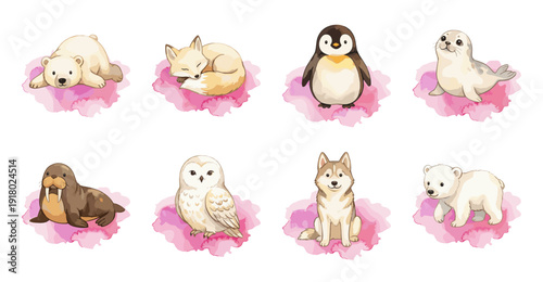 Cute Arctic Animal Stickers Collection, Watercolor Style Vector