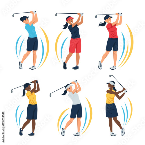 Set of Stylized Colorful Women Golf Players
