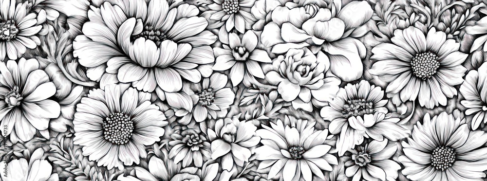 Fototapeta premium Black and White Floral Pattern Background.
