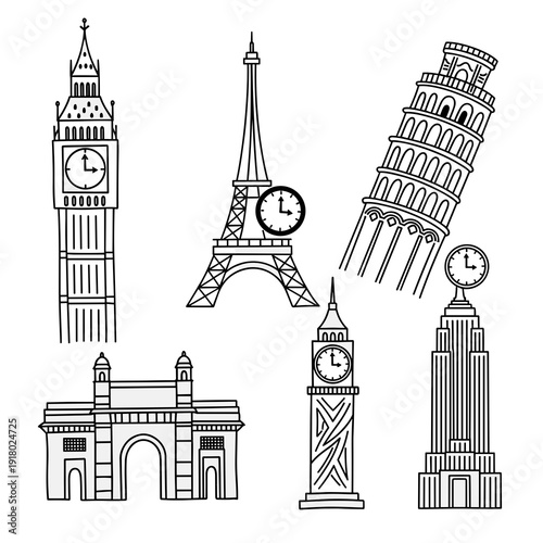 Hand drawn sketches of famous world landmarks