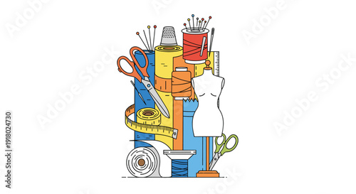 A collection of essential sewing and tailoring tools, materials, and supplies for fashion design and textile crafts.