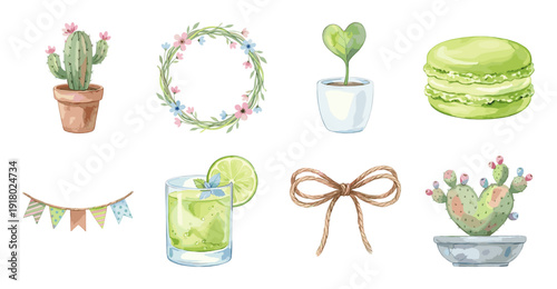 Watercolor Garden and Dessert Sticker Set Illustration