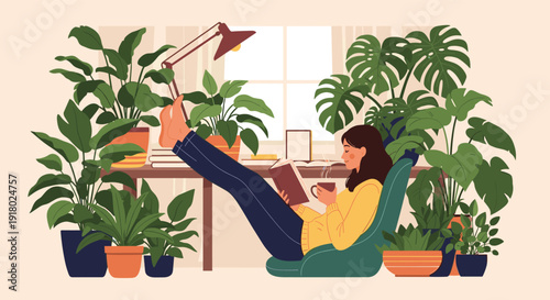 A serene woman relaxes in her plant-filled home, reading a book and sipping a warm beverage, embracing a moment of calm.
