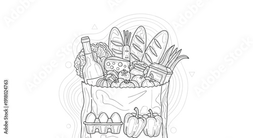 Detailed black and white outline drawing of a paper grocery bag overflowing with fresh produce, bread, cheese, wine, eggs, and bell peppers.