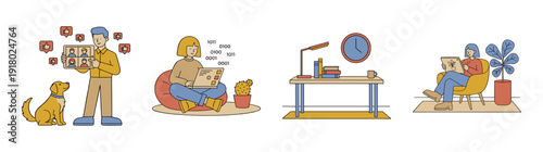 Flat Vector Remote Working Characters and Office Elements Graphic Set for Freelance Career and Digital Nomad Lifestyle