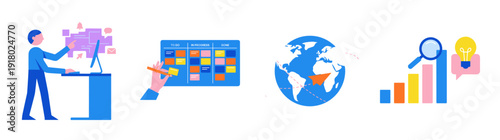 Flat Vector Business Productivity and Global Strategy Graphic Set for Corporate Workflow Management