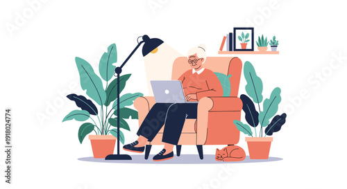 Senior woman works on her laptop while relaxing in a cozy armchair at home, surrounded by plants and a sleeping cat.