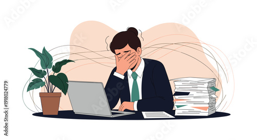 Stressed businessman feeling overwhelmed and suffering from burnout due to heavy workload and looming deadlines at the office.