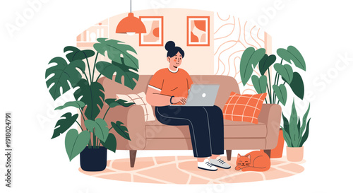 A woman comfortably works on her laptop on a sofa in a modern, plant-filled living room with a sleeping cat.