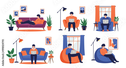 People working from home on laptops in various comfortable and cozy settings, surrounded by plants, furniture, and wall art.