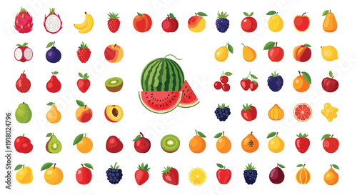 A vibrant collection of pixel art fruits, including apples, pears, berries, and citrus, offering a healthy and colorful assortment.