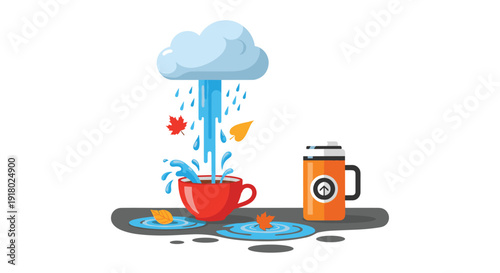 A fluffy cloud rains water into a red teacup, creating splashes and puddles with autumn leaves, beside a cozy orange travel mug.