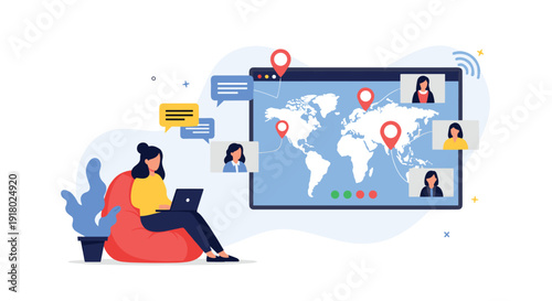 Woman working remotely on a laptop, connecting globally via video conference and chat on a large screen displaying a world map.