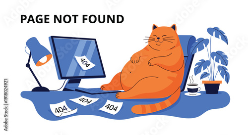 A chubby orange cat relaxes at a desk filled with 404 error messages on the computer and papers, illustrating a \.