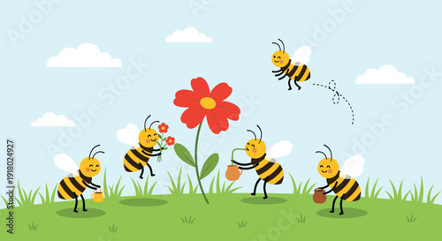 Happy cartoon bees collect nectar from a vibrant red flower and carry honey pots in a bright, grassy meadow.