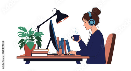 Young woman working remotely from home at her desk, wearing headphones, using a computer, and enjoying a warm drink.