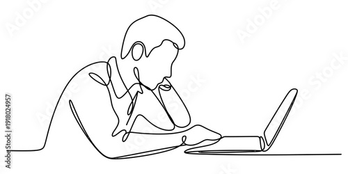 Continuous line drawing of a person sitting at a desk and working on a laptop computer. Vector, illustration