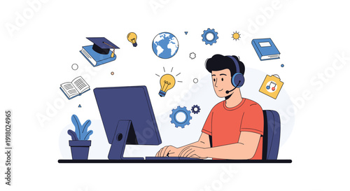 A student wearing a headset engages in online learning at a desktop computer, surrounded by symbols of education, global knowledge, and ideas.
