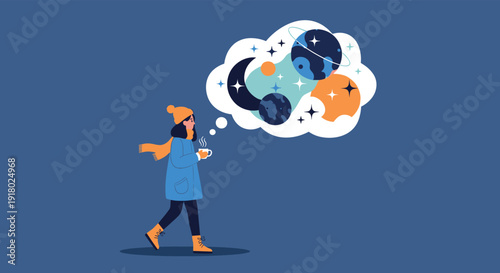 A person in warm winter clothing walks while contemplating the vast and beautiful cosmos, dreaming of space and discovery.