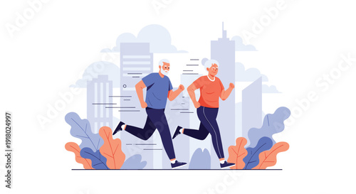 An active senior couple enjoys jogging together in the city, promoting a healthy and vibrant lifestyle.