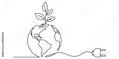 Minimalist continuous line drawing of earth with a plant and a power plug for green energy Vector, illustration