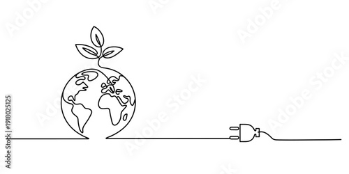 Continuous line drawing of a globe with a plant and an electric plug for green energy Vector, illustration