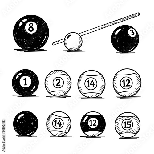 Set of billiard balls with a cue stick and focus