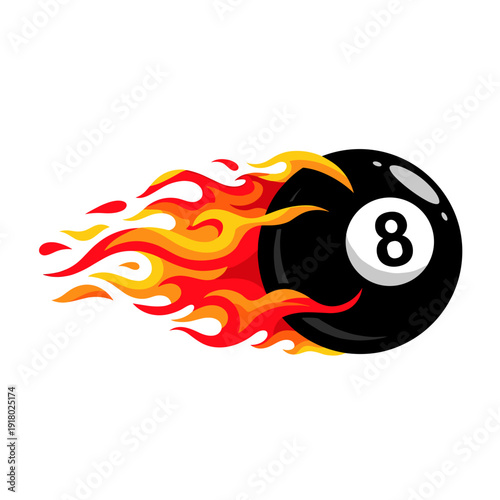 Fast moving number eight billiard ball with orange flames