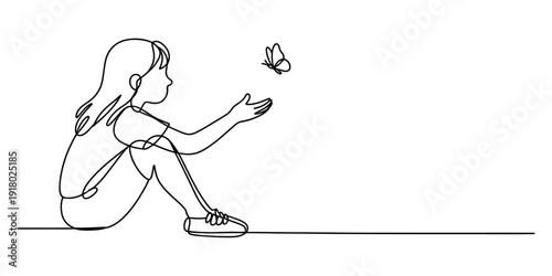 Continuous line drawing of a young girl sitting on the ground reaching for a butterfly Vector, illustration