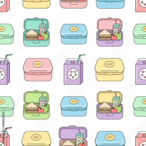Seamless Pattern of Cute Lunch Boxes and Juice Boxes