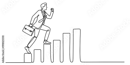 Continuous line drawing of a businessman running up a bar graph towards career success and growth
