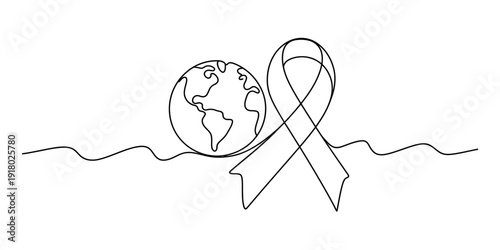 Minimalist continuous line drawing of a globe and awareness ribbon for global health awareness Vector, illustration