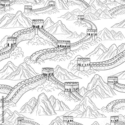 Seamless Pattern of Sketchy Great Wall Landscapes