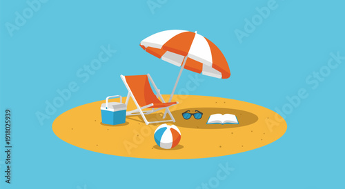 Vector illustration of serene beach chair umbrella island vacation relaxation scene
