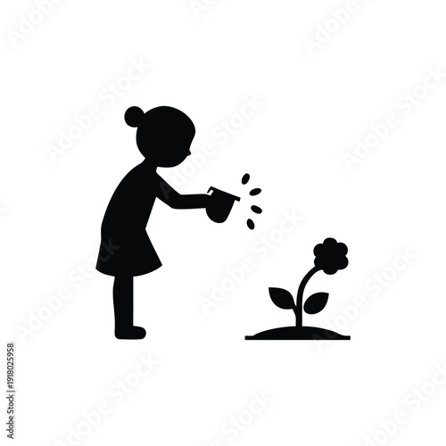 Child waters a flower with a watering can