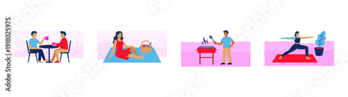 Flat Vector Outdoor Leisure Activities Illustration Asset Sheet for Wellness and Community Lifestyle Themes