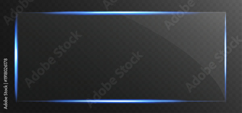 Glowing blue square glass frame with transparent inner surface and light flares. Futuristic luminous border with glossy glass effect, perfect for UI, presentation, banner and technology designs.
