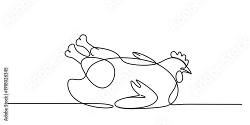 Continuous line drawing of a roasted chicken or turkey lying on its back on a flat surface