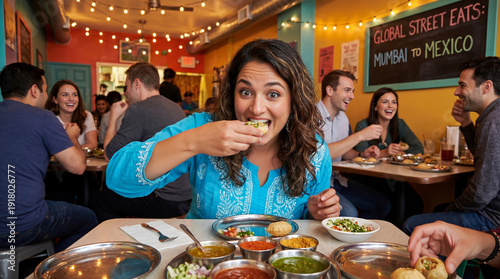 Wallpaper Mural Excited woman eating Pani Puri at a colorful Indian restaurant. Happy female customer enjoying traditional street food snack Torontodigital.ca