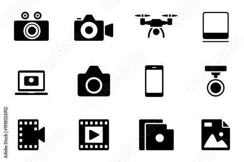 Photography and media device icons set with camera, video recorder, drone, laptop, smartphone, film strip, folder and image featuring multimedia, camcorder, quadcopter with aerial and computer
