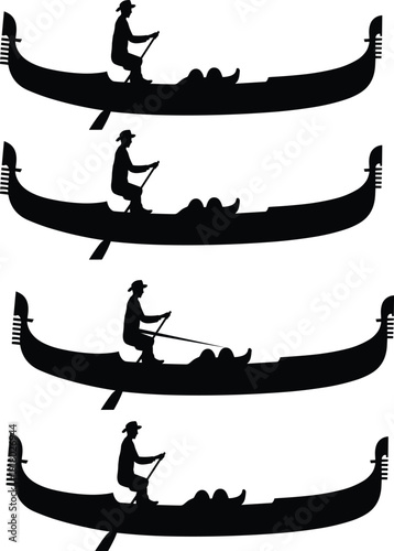 Four Gondolas Silhouettes Rowed by Gondoliers on White Background