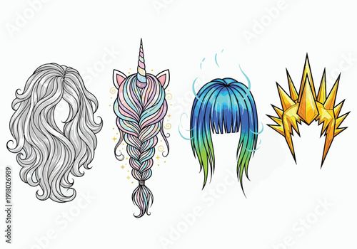 Creative fantasy hair designs with unicorn and crown elements
