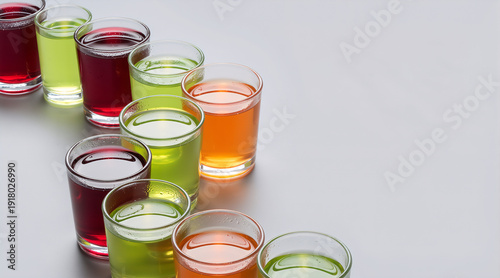 Wallpaper Mural Colorful jelly shots in small glasses. Row of red green and orange gelatin desserts on grey background. Copy space for text Torontodigital.ca