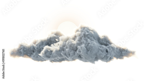 Isolated cloud with backlit sun on transparent background, silver lining, fluffy volumetric cloudscape
