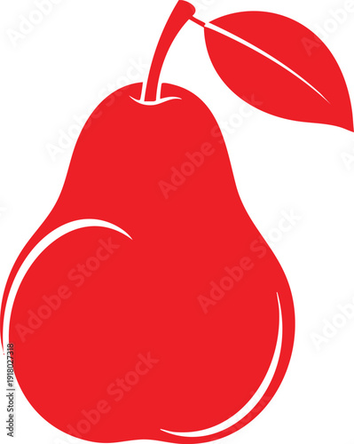 A bright red stylized pear fruit with a single leaf and stem on a white background