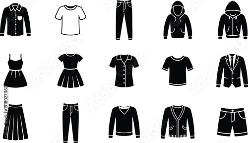 Black clothing icons set, casual and formal men and women apparel silhouettes, shirt hoodie dress pants skirt vector collection isolated on light background