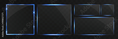 Glowing blue rectangular frames isolated on transparent background. Modern light borders with glossy glass effect, perfect for UI design, banners, presentations and digital interface layouts.
