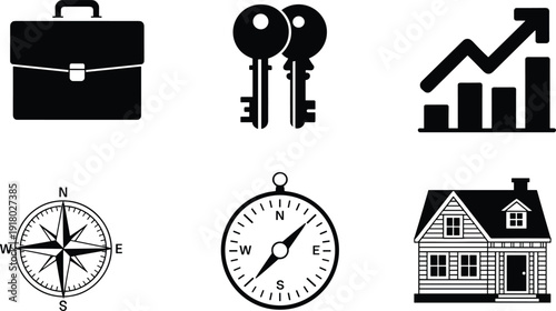 Business and real estate icons set, briefcase keys growth chart compass and house symbols, black flat vector illustration isolated on light background