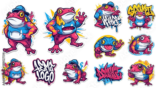 Cartoon frog characters with graffiti elements for modern design projects
