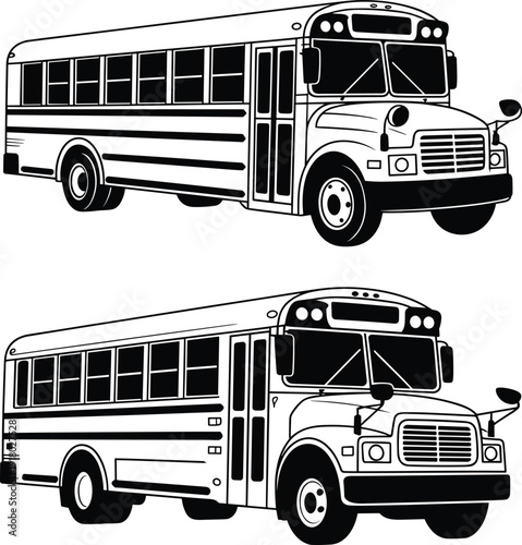 Two Yellow School Buses Side View Vector Illustration